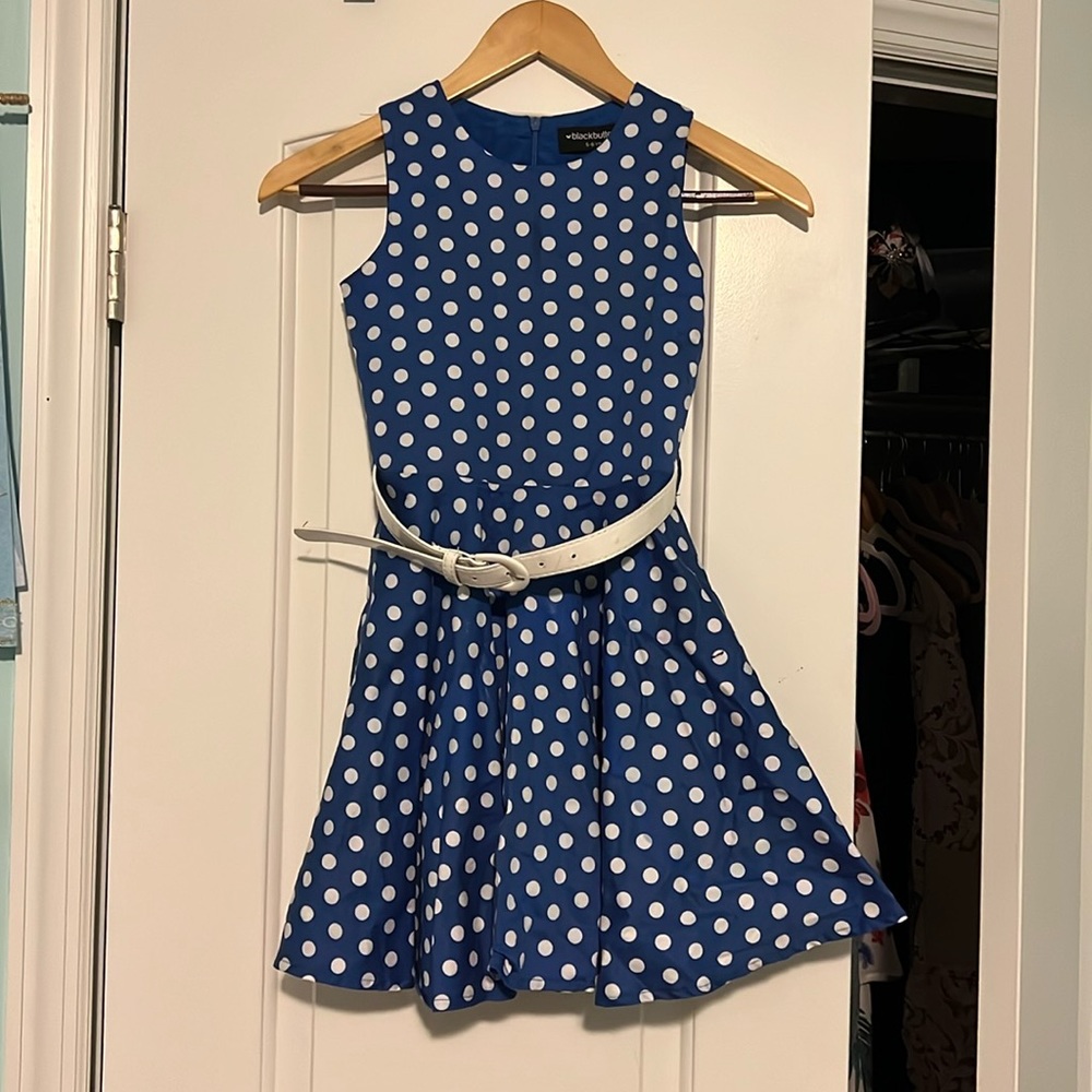 Blue kids dress with white poka dots